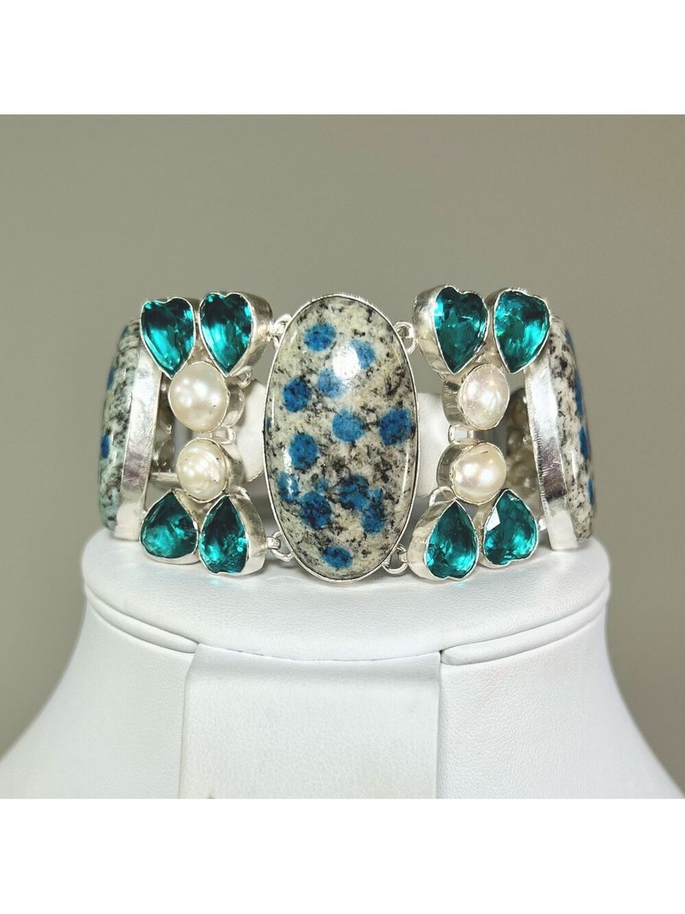 Azurite K2 Pearl Apatite 925 Large Gemstone Bracelet